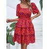 imagePRETTYGARDEN Womens 2026 Floral Summer Short Dress Square Neck Short Sleeve Tiered Ruffle Boho Swing DressesOrange Purple Floral