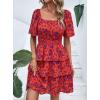 imagePRETTYGARDEN Womens 2026 Floral Summer Short Dress Square Neck Short Sleeve Tiered Ruffle Boho Swing DressesOrange Purple Floral
