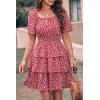 imagePRETTYGARDEN Womens 2026 Floral Summer Short Dress Square Neck Short Sleeve Tiered Ruffle Boho Swing DressesRed