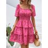 imagePRETTYGARDEN Womens 2026 Floral Summer Short Dress Square Neck Short Sleeve Tiered Ruffle Boho Swing DressesRed Floral