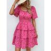 imagePRETTYGARDEN Womens 2026 Floral Summer Short Dress Square Neck Short Sleeve Tiered Ruffle Boho Swing DressesRed Floral