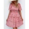 imagePRETTYGARDEN Womens 2026 Floral Summer Short Dress Square Neck Short Sleeve Tiered Ruffle Boho Swing DressesRed Pink Floral