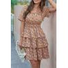 imagePRETTYGARDEN Womens 2026 Floral Summer Short Dress Square Neck Short Sleeve Tiered Ruffle Boho Swing DressesTurmeric
