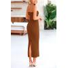 imagePRETTYGARDEN Womens 2026 Summer Bodycon Maxi Dress Strapless Tube Twist Knot Front Ribbed Knit Slit Cocktail Party DressesBrown