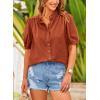 imagePRETTYGARDEN Womens 2026 Summer Button Down Shirts Short Lantern Sleeve V Neck Cotton Cute Tops Dressy Casual BlousesBrick Red