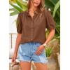 imagePRETTYGARDEN Womens 2026 Summer Button Down Shirts Short Lantern Sleeve V Neck Cotton Cute Tops Dressy Casual BlousesBrown