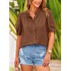 imagePRETTYGARDEN Womens 2026 Summer Button Down Shirts Short Lantern Sleeve V Neck Cotton Cute Tops Dressy Casual BlousesBrown