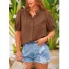 imagePRETTYGARDEN Womens 2026 Summer Button Down Shirts Short Lantern Sleeve V Neck Cotton Cute Tops Dressy Casual BlousesBrown
