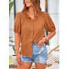 imagePRETTYGARDEN Womens 2026 Summer Button Down Shirts Short Lantern Sleeve V Neck Cotton Cute Tops Dressy Casual BlousesBrown Yellow