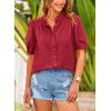 imagePRETTYGARDEN Womens 2026 Summer Button Down Shirts Short Lantern Sleeve V Neck Cotton Cute Tops Dressy Casual BlousesDark Red