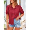 imagePRETTYGARDEN Womens 2026 Summer Button Down Shirts Short Lantern Sleeve V Neck Cotton Cute Tops Dressy Casual BlousesDark Red