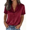 imagePRETTYGARDEN Womens 2026 Summer Button Down Shirts Short Sleeve Work Tops Dressy Satin Blouses Spring Business Casual OutfitsBurgundy