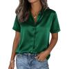 imagePRETTYGARDEN Womens 2026 Summer Button Down Shirts Short Sleeve Work Tops Dressy Satin Blouses Spring Business Casual OutfitsDark Green