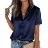 imagePRETTYGARDEN Womens 2026 Summer Button Down Shirts Short Sleeve Work Tops Dressy Satin Blouses Spring Business Casual OutfitsNavy Blue