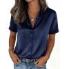 imagePRETTYGARDEN Womens 2026 Summer Button Down Shirts Short Sleeve Work Tops Dressy Satin Blouses Spring Business Casual OutfitsNavy Blue