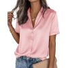 imagePRETTYGARDEN Womens 2026 Summer Button Down Shirts Short Sleeve Work Tops Dressy Satin Blouses Spring Business Casual OutfitsPink