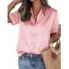 imagePRETTYGARDEN Womens 2026 Summer Button Down Shirts Short Sleeve Work Tops Dressy Satin Blouses Spring Business Casual OutfitsPink