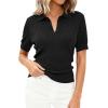 imagePRETTYGARDEN Womens Short Sleeve Sweater 2026 Spring Polo Shirts Ribbed Knit V Neck Business Casual Tops Summer Work ClothesBlack
