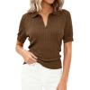 imagePRETTYGARDEN Womens Short Sleeve Sweater 2026 Spring Polo Shirts Ribbed Knit V Neck Business Casual Tops Summer Work ClothesBrown
