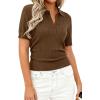 imagePRETTYGARDEN Womens Short Sleeve Sweater 2026 Spring Polo Shirts Ribbed Knit V Neck Business Casual Tops Summer Work ClothesBrown