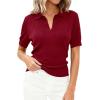 imagePRETTYGARDEN Womens Short Sleeve Sweater 2026 Spring Polo Shirts Ribbed Knit V Neck Business Casual Tops Summer Work ClothesBurgundy