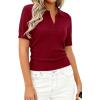 imagePRETTYGARDEN Womens Short Sleeve Sweater 2026 Spring Polo Shirts Ribbed Knit V Neck Business Casual Tops Summer Work ClothesBurgundy