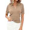 imagePRETTYGARDEN Womens Short Sleeve Sweater 2026 Spring Polo Shirts Ribbed Knit V Neck Business Casual Tops Summer Work ClothesKhaki