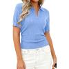 imagePRETTYGARDEN Womens Short Sleeve Sweater 2026 Spring Polo Shirts Ribbed Knit V Neck Business Casual Tops Summer Work ClothesLight Blue