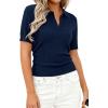 imagePRETTYGARDEN Womens Short Sleeve Sweater 2026 Spring Polo Shirts Ribbed Knit V Neck Business Casual Tops Summer Work ClothesNavy Blue