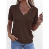 imagePRETTYGARDEN Womens Short Sleeve Sweater V Neck Trendy Pullover Tops 2026 Summer Spring Loose Lightweight Casual BlouseBrown