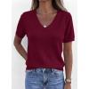 imagePRETTYGARDEN Womens Short Sleeve Sweater V Neck Trendy Pullover Tops 2026 Summer Spring Loose Lightweight Casual BlouseWine Red
