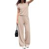 imagePRETTYGARDEN Womens Summer 2 Piece Lounge Sets 2026 Cap Sleeve Tops Wide Leg Pants Workout Sets Loose Casual TracksuitBeige