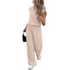 imagePRETTYGARDEN Womens Summer 2 Piece Lounge Sets 2026 Cap Sleeve Tops Wide Leg Pants Workout Sets Loose Casual TracksuitBeige