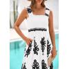 imagePRETTYGARDEN Womens Summer Boho Maxi Dress 2026 Casual Sleeveless Square Neck Floral Aline Smocked Beach Dresses with PocketsFloral White Black