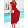 imagePRETTYGARDEN Womens Summer Maxi Dresses 2026 Trendy Casual Button V Neck Ruffle Cap Sleeve Long Flowy Spring Pleated DressRed