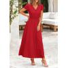 imagePRETTYGARDEN Womens Summer Maxi Dresses 2026 Trendy Casual Button V Neck Ruffle Cap Sleeve Long Flowy Spring Pleated DressRed