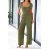 imagePRETTYGARDEN Womens Summer One Piece Jumpsuits Dressy Casual Short Sleeve Square Neck Wide Leg Rompers Travel Outfit ClothesArmy Green