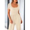 imagePRETTYGARDEN Womens Summer One Piece Jumpsuits Dressy Casual Short Sleeve Square Neck Wide Leg Rompers Travel Outfit ClothesBeige