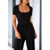 imagePRETTYGARDEN Womens Summer One Piece Jumpsuits Dressy Casual Short Sleeve Square Neck Wide Leg Rompers Travel Outfit ClothesBlack