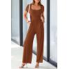imagePRETTYGARDEN Womens Summer One Piece Jumpsuits Dressy Casual Short Sleeve Square Neck Wide Leg Rompers Travel Outfit ClothesBrown