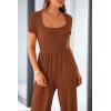 imagePRETTYGARDEN Womens Summer One Piece Jumpsuits Dressy Casual Short Sleeve Square Neck Wide Leg Rompers Travel Outfit ClothesBrown