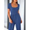 imagePRETTYGARDEN Womens Summer One Piece Jumpsuits Dressy Casual Short Sleeve Square Neck Wide Leg Rompers Travel Outfit ClothesDark Blue