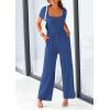imagePRETTYGARDEN Womens Summer One Piece Jumpsuits Dressy Casual Short Sleeve Square Neck Wide Leg Rompers Travel Outfit ClothesDark Blue