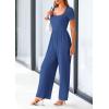 imagePRETTYGARDEN Womens Summer One Piece Jumpsuits Dressy Casual Short Sleeve Square Neck Wide Leg Rompers Travel Outfit ClothesDark Blue