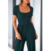 imagePRETTYGARDEN Womens Summer One Piece Jumpsuits Dressy Casual Short Sleeve Square Neck Wide Leg Rompers Travel Outfit ClothesDark Green