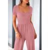 imagePRETTYGARDEN Womens Summer One Piece Jumpsuits Dressy Casual Short Sleeve Square Neck Wide Leg Rompers Travel Outfit ClothesDusty Pink
