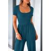 imagePRETTYGARDEN Womens Summer One Piece Jumpsuits Dressy Casual Short Sleeve Square Neck Wide Leg Rompers Travel Outfit ClothesLake Blue