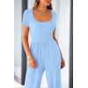 imagePRETTYGARDEN Womens Summer One Piece Jumpsuits Dressy Casual Short Sleeve Square Neck Wide Leg Rompers Travel Outfit ClothesLight Blue