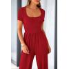 imagePRETTYGARDEN Womens Summer One Piece Jumpsuits Dressy Casual Short Sleeve Square Neck Wide Leg Rompers Travel Outfit ClothesRed