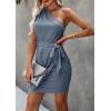 imagePRETTYGARDEN Womens Summer One Shoulder Mini Short Dresses Irregular Hem Belted Fitted Spring Cocktail Party DressDark Blue